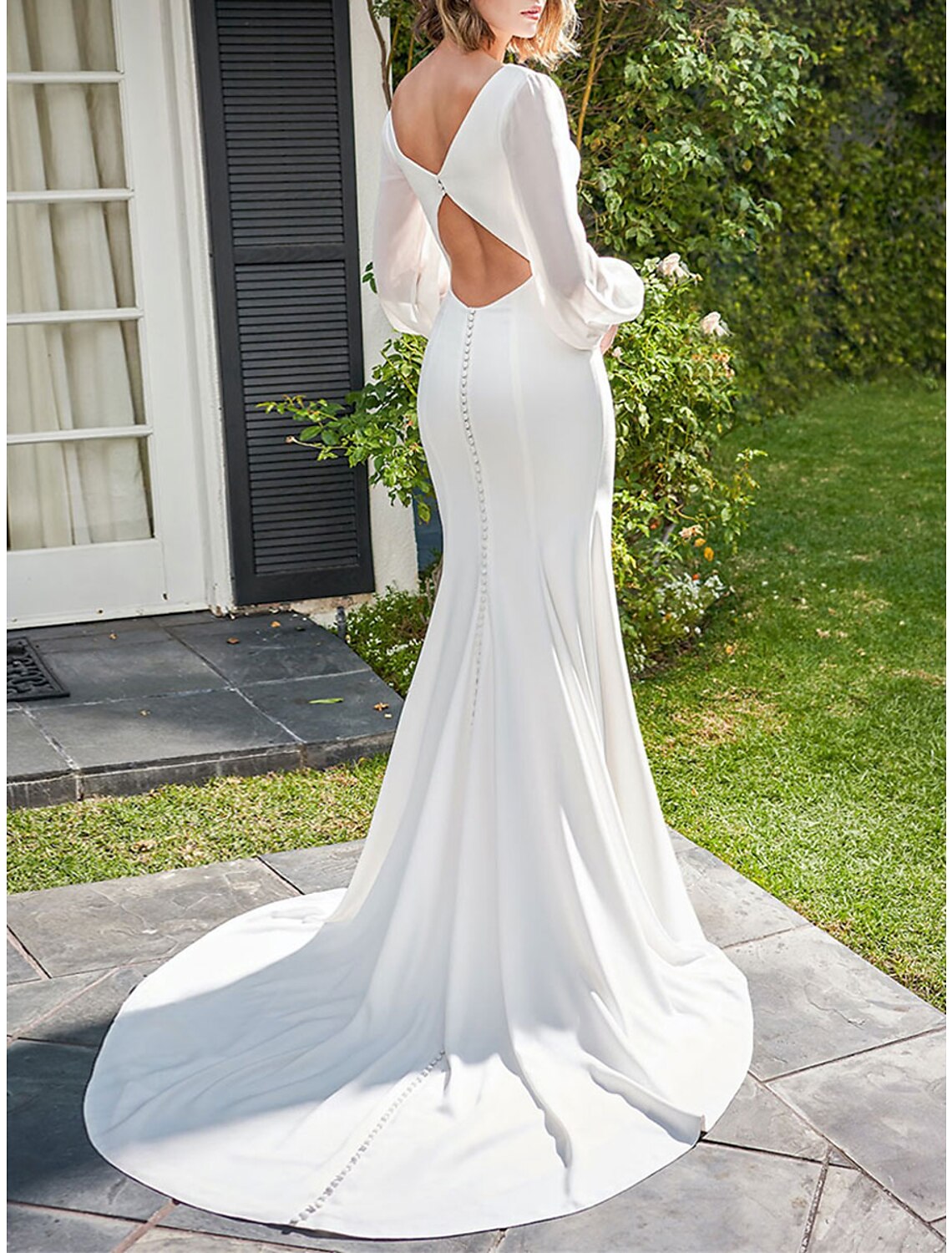 Casual Wedding Dresses Mermaid / Trumpet V Neck Long Sleeve Court Train Stretch Fabric Bridal Gowns With Buttons