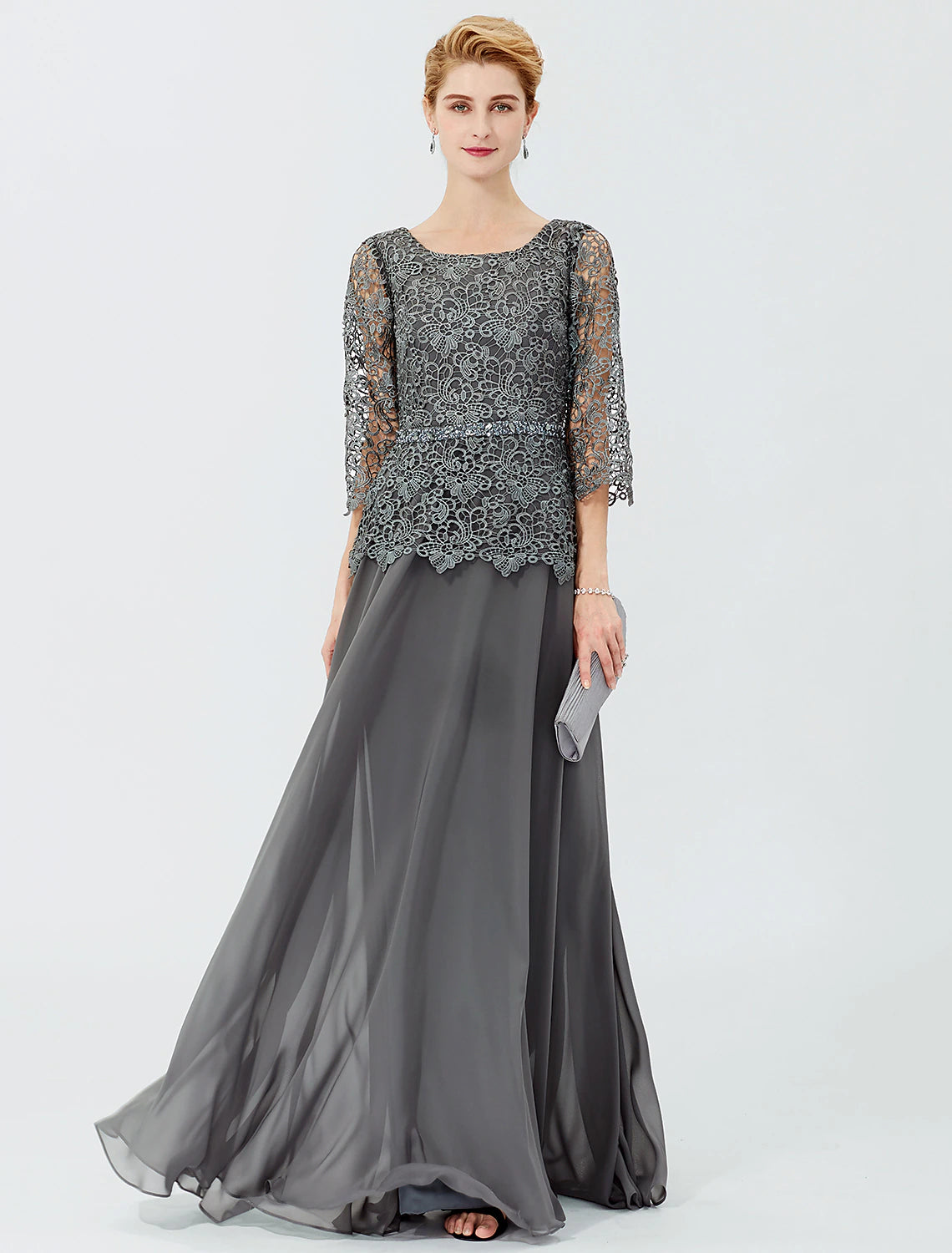 Ball Gown A-Line Mother of the Bride Dress Formal Classic & Timeless Elegant & Luxurious Elegant Scoop Neck Floor Length Chiffon Corded Lace 3/4 Length Sleeve with Sashes / Ribbons Beading