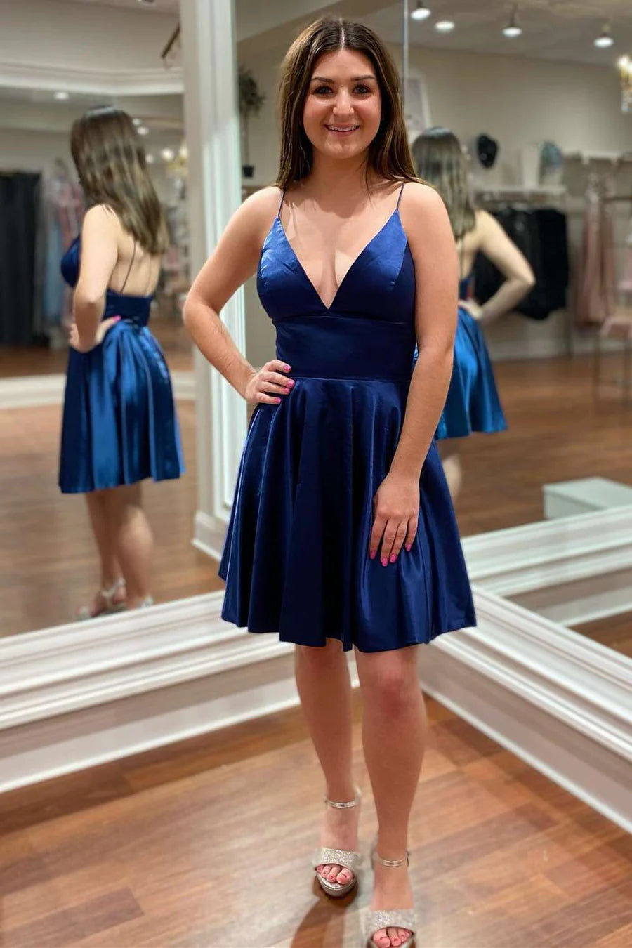 V-Neck Spaghetti Straps A-Line Homecoming Dress