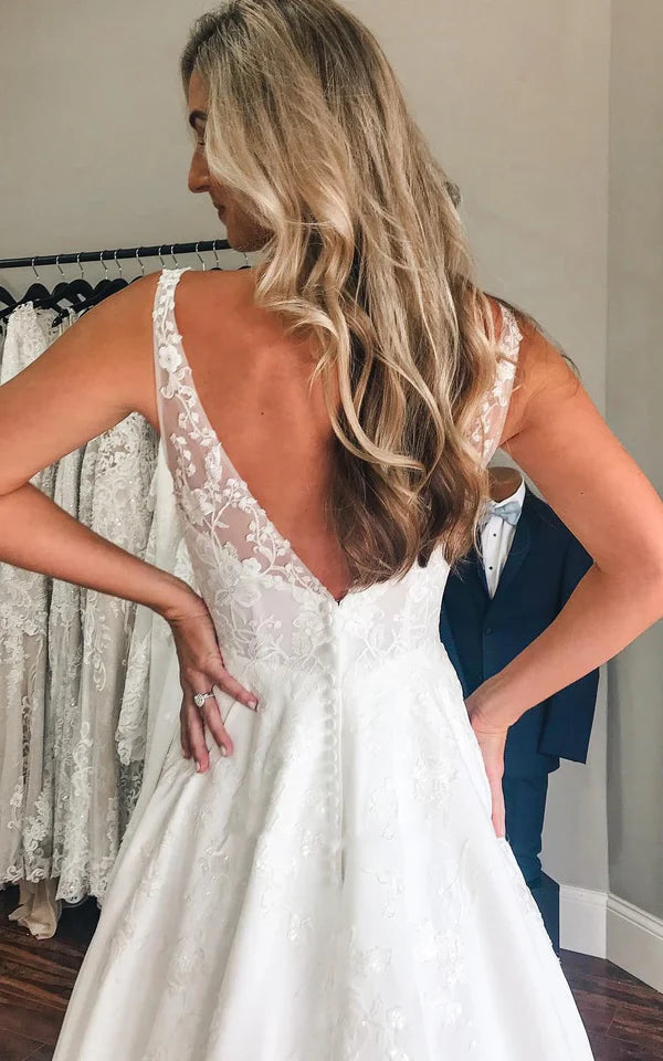 Neckline A-Line Satin Wedding Dress With Low-V Back And Appliques