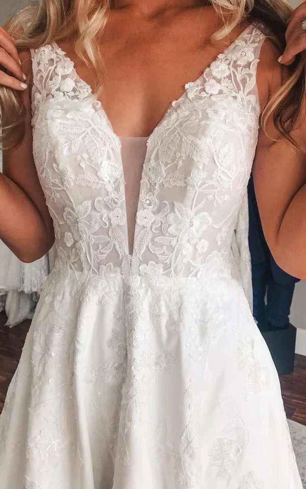 Neckline A-Line Satin Wedding Dress With Low-V Back And Appliques