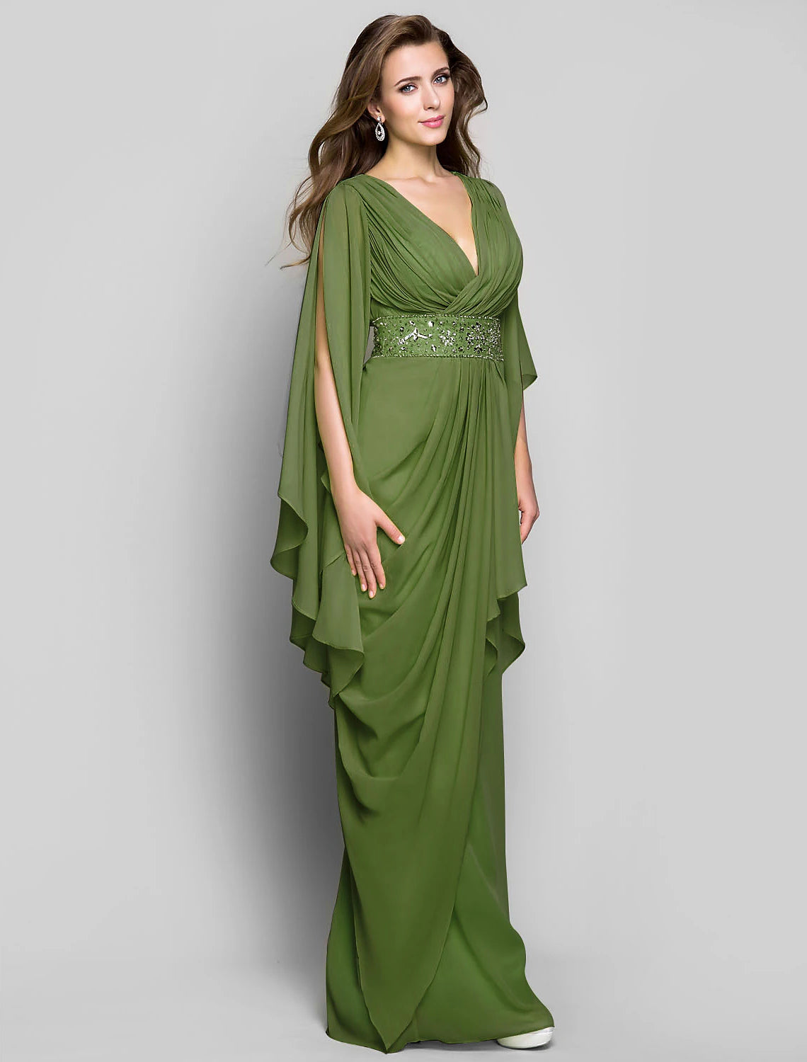 Sheath / Column Elegant Dress Wedding Guest Formal Evening Floor Length Long Sleeve V Neck Chiffon V Back with Crystals Side Draping