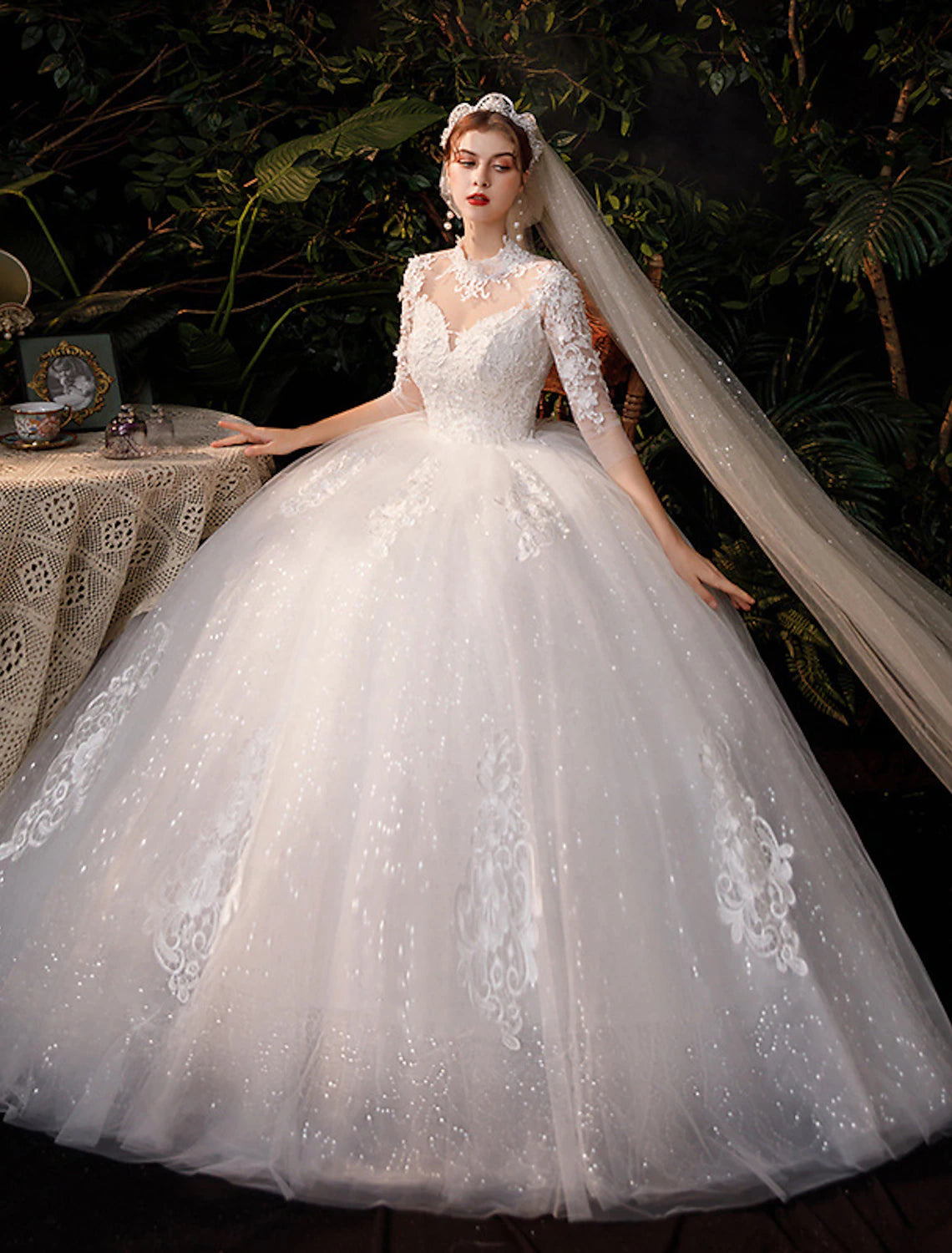 Wedding Dresses Floor Length Ball Gown Half Sleeve High Neck Lace With Appliques Bridal Gowns