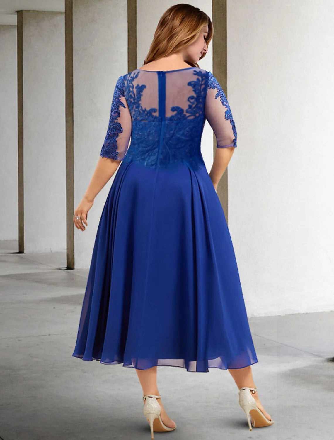 DingjiA-Line Mother of the Bride Dresses Plus Size Hide Belly Curve Elegant Dress Formal Tea Length Half Sleeve Jewel Neck Chiffon with Pleats Sequin Appliques Fall