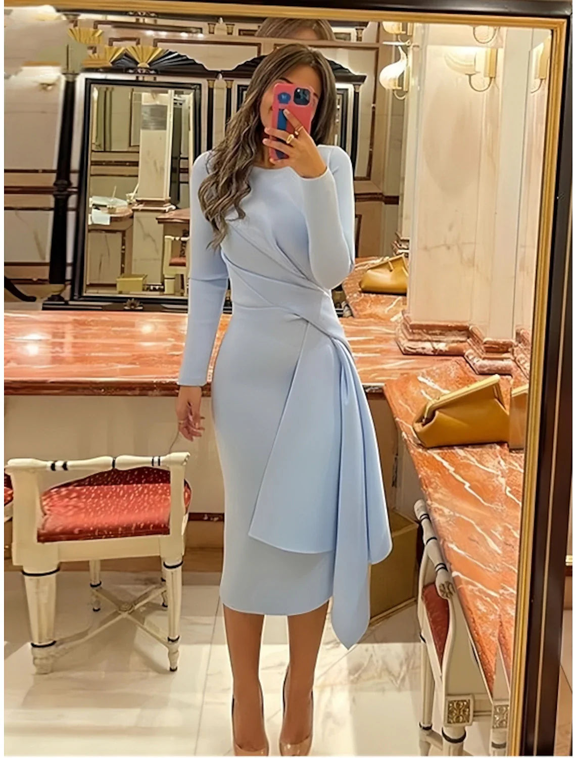 DingjiSheath Formal Dress Cocktail Dresses Elegant Christmas Red Green Dress Formal Fall Knee Length Long Sleeve Jewel Neck Stretch Fabric with Pleats Ruched