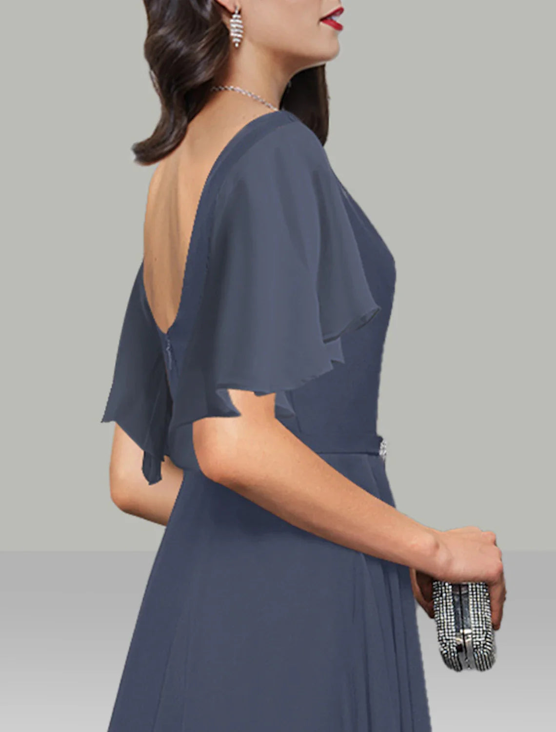 DingjiA-Line Wedding Guest Dresses Elegant Dress Cocktail Party Kentucky Derby Tea Length Short Sleeve Cowl Neck Belt / Sash Chiffon with Rhinestone