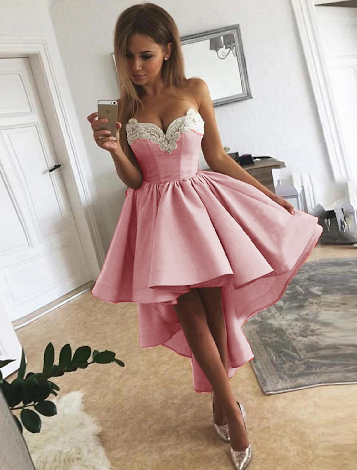 A-Line Cocktail Dresses Minimalist Dress Homecoming Asymmetrical Sleeveless Strapless Satin with Appliques