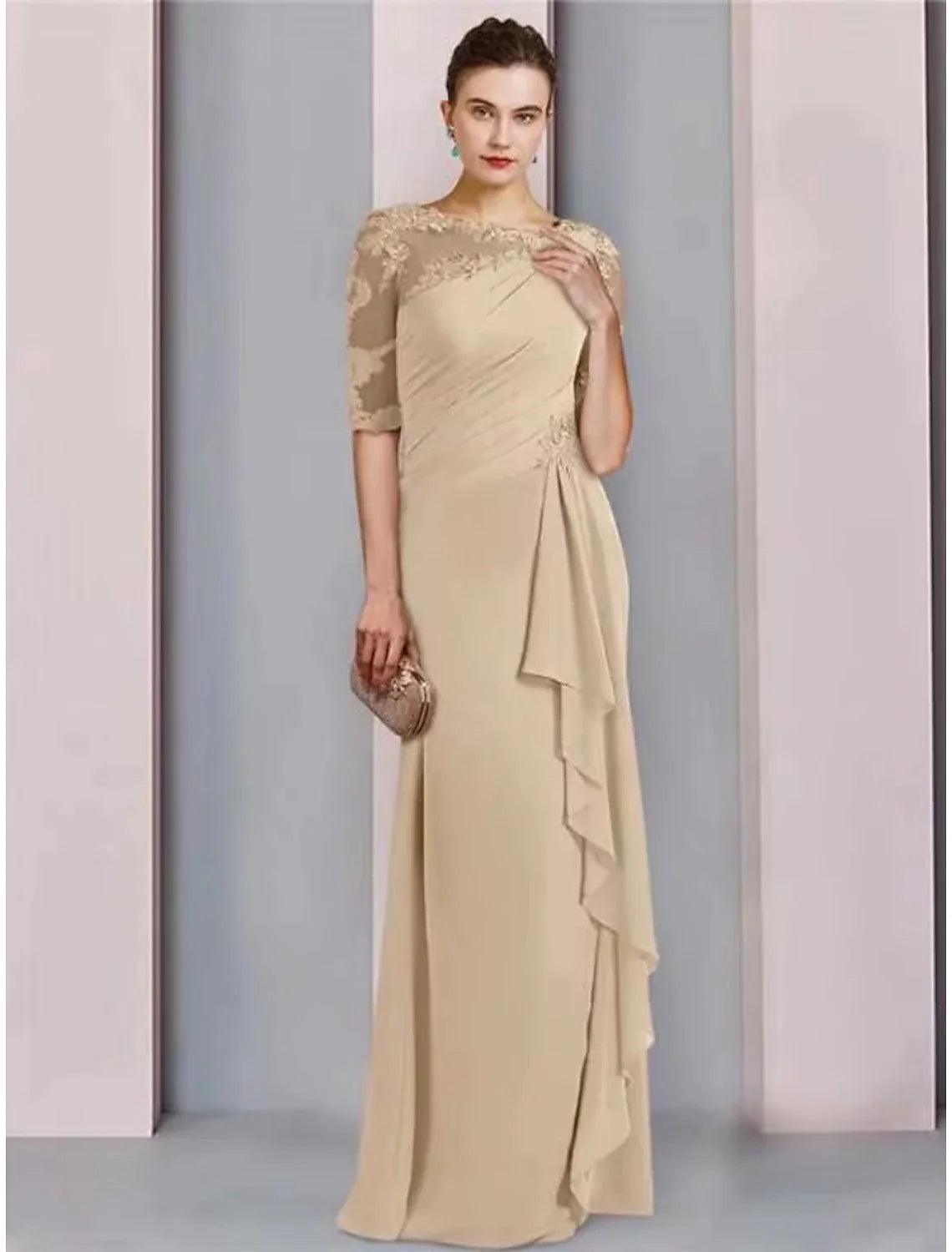 Sheath / Column Mother of the Bride Dress Wedding Guest Elegant Scoop Neck Floor Length Chiffon Half Sleeve with Lace Ruffles Ruching