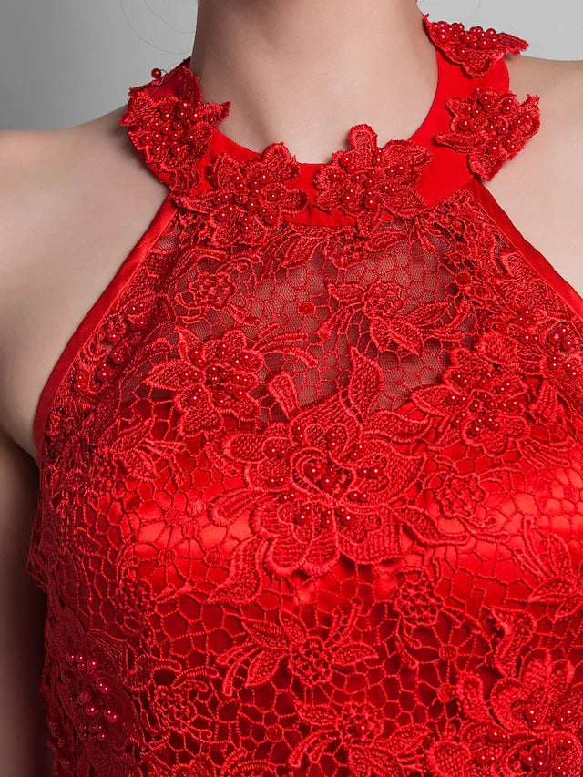 Sheath / Column Elegant Dress Wedding Guest Asymmetrical Sleeveless Halter Chiffon Backless with Appliques