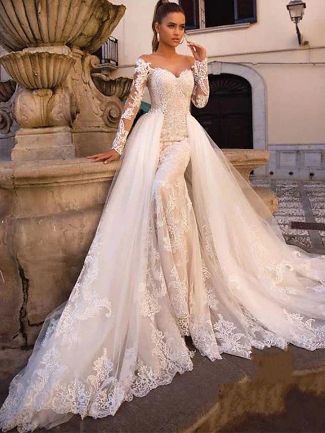 DingjiEngagement Formal Wedding Dresses Court Train Two Piece Long Sleeve Sweetheart Lace With Appliques