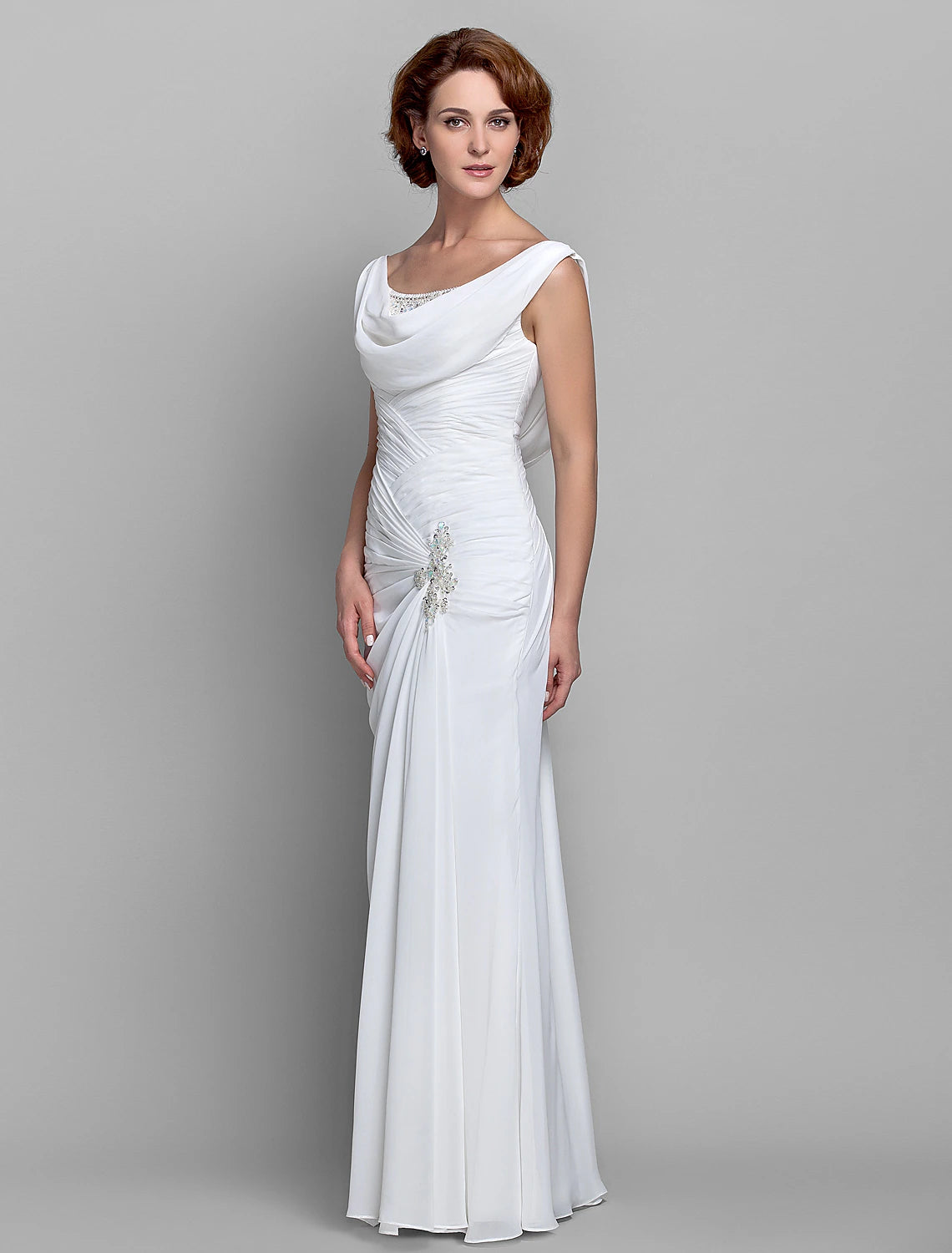 Sheath / Column Mother of the Bride Dress Fall Wedding Guest Dresses Vintage Inspired Cowl Neck Floor Length Chiffon Sleeveless with Buttons Criss Cross Crystals