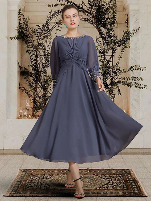 A-Line Mother of the Bride Dress Elegant Jewel Neck Tea Length Chiffon Long Sleeve with Beading