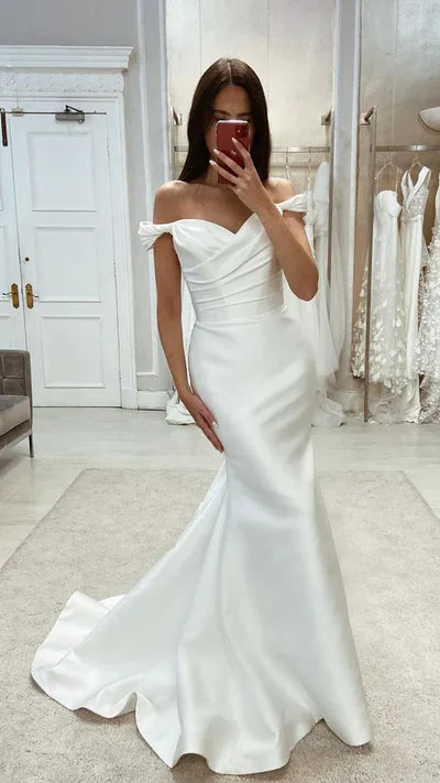 Chic Satin Mermaid Off-Shoulder Ruched With Train Beach Wedding Dress