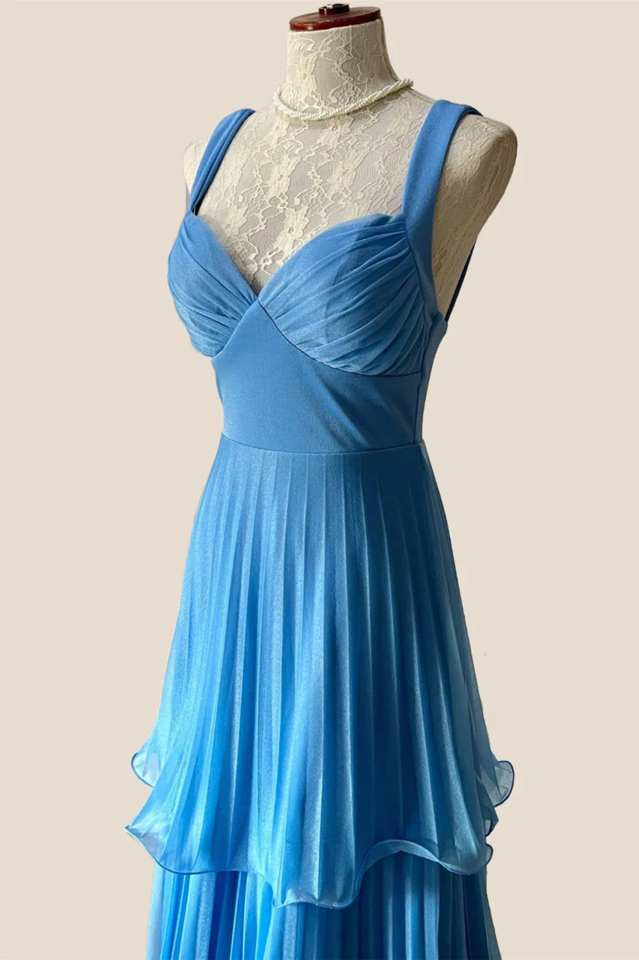 Blue Pleated Chiffon Tiered Long Prom Dress