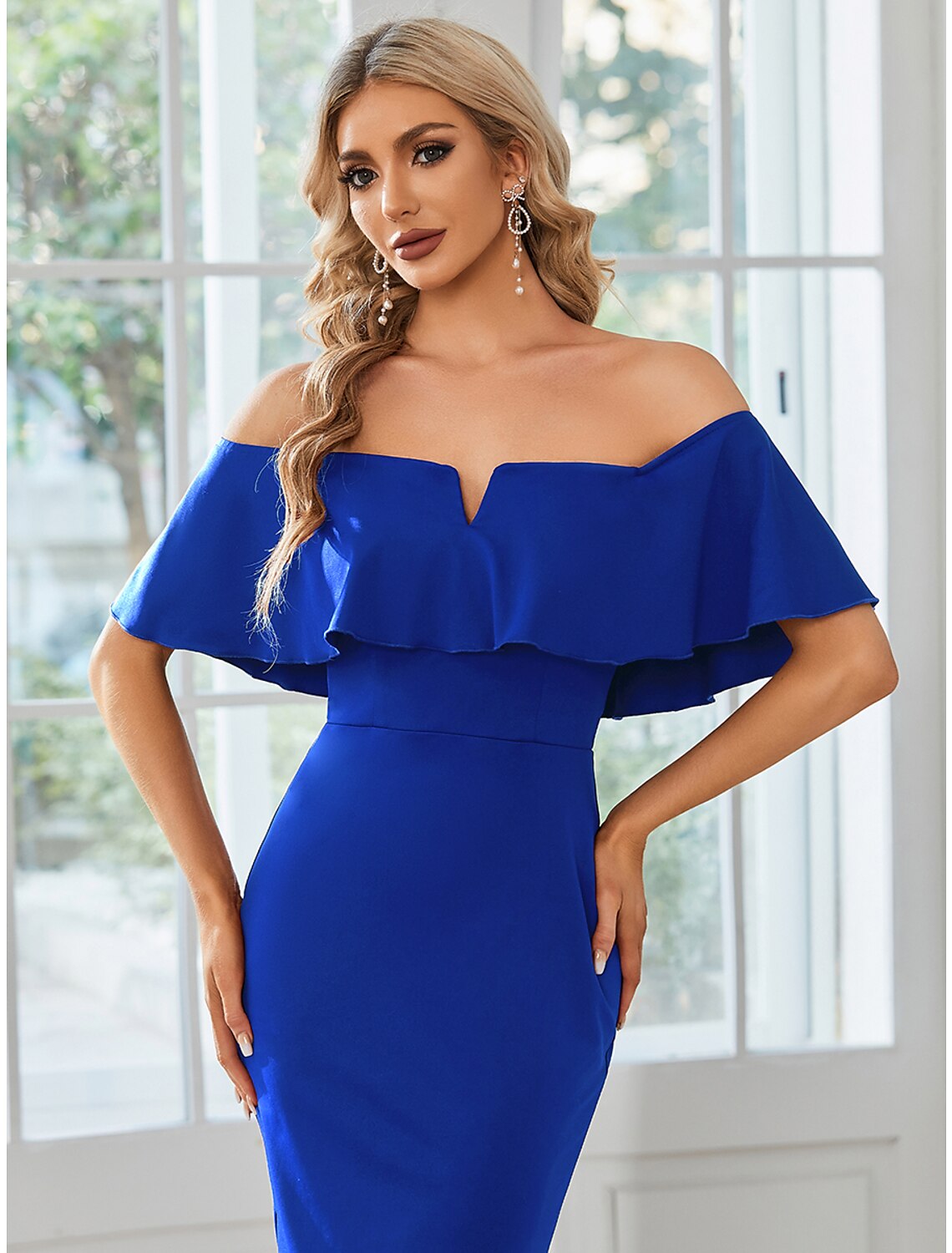 Sheath / Column Wedding Guest Dresses Minimalist Dress Party Wear Tea Length Short Sleeve Off Shoulder Stretch Fabric with Slit Pure Color