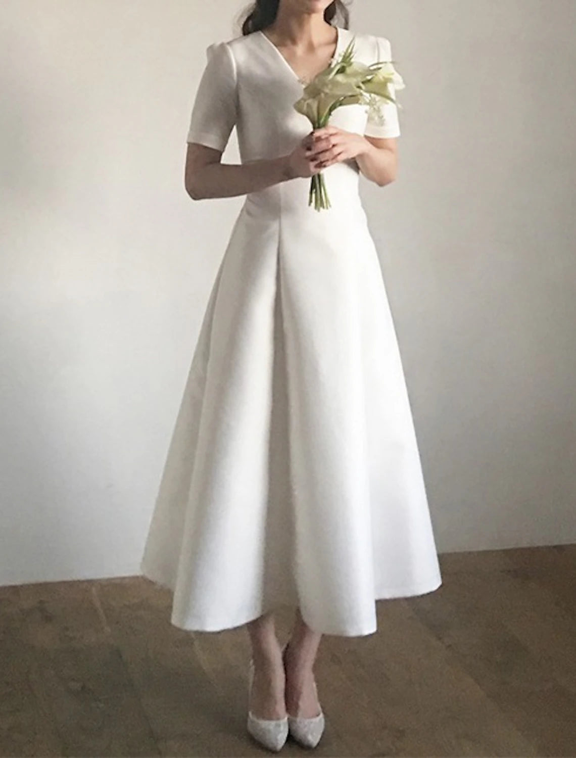 Reception Little White Dresses Wedding Dresses A-Line V Neck Short Sleeve Ankle Length Satin Bridal Gowns With Pleats