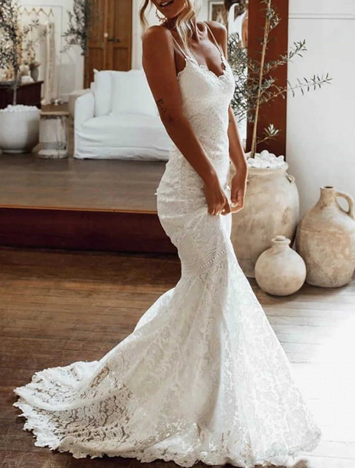 Beach Boho Wedding Dresses Mermaid / Trumpet Sweetheart Camisole Spaghetti Strap Court Train Lace Bridal Gowns With Appliques Solid Color