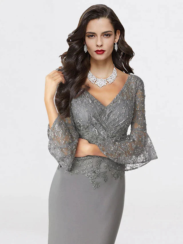 DingjiMermaid / Trumpet Mother of the Bride Dress Plus Size Elegant V Neck Sweep / Brush Train Chiffon Lace 3/4 Length Sleeve with Sequin Appliques