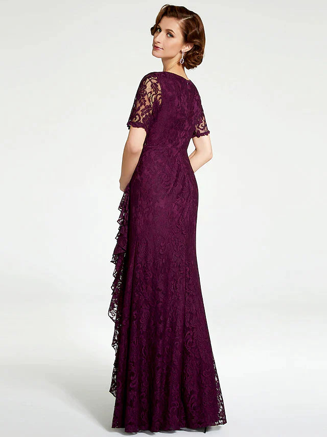 DingjiSheath / Column Mother of the Bride Dress V Neck Floor Length Lace Short Sleeve with Lace Beading
