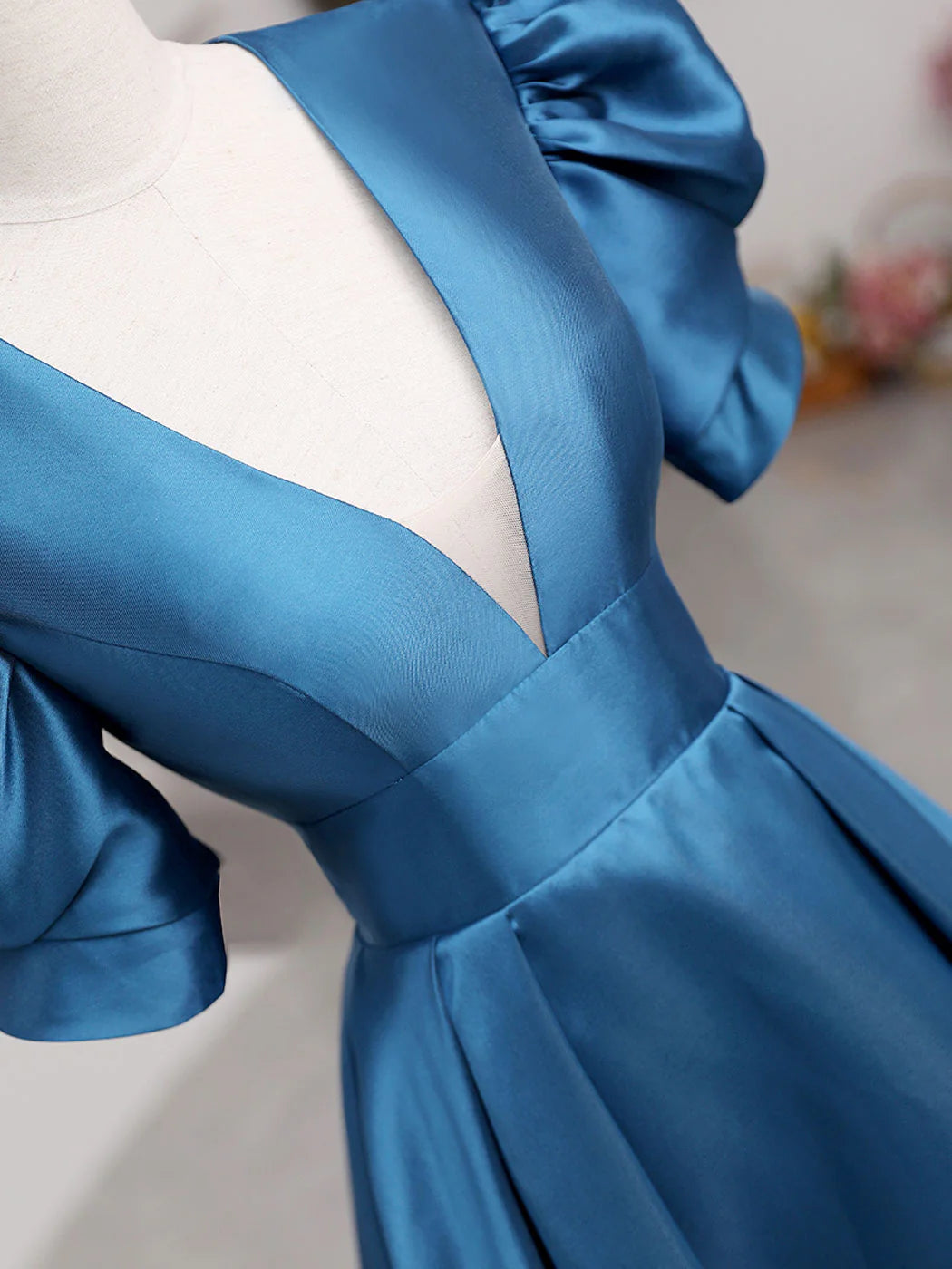 V Neck Satin Long Prom Dresses Blue Satin Long Evening Dress
