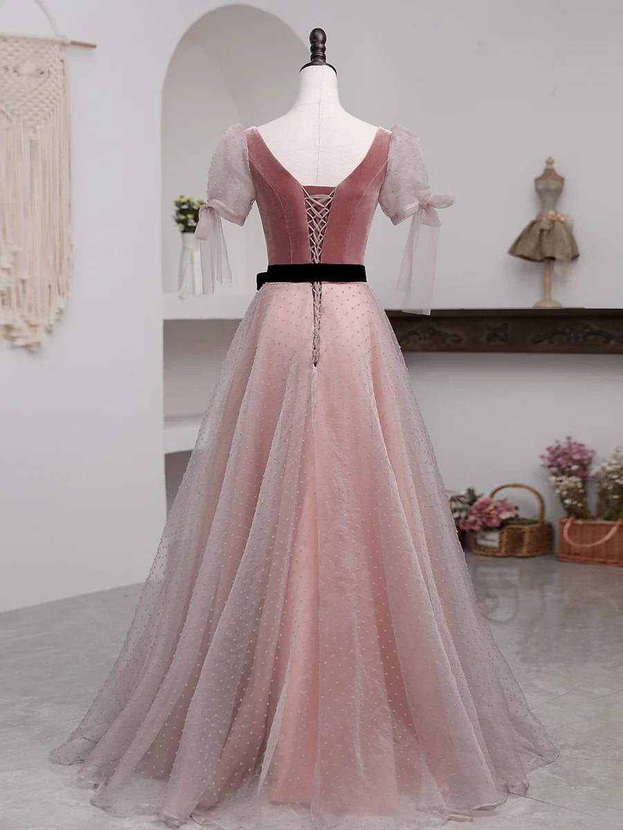 A-Line Pink Tulle Velvet Long Prom Dress Pink Formal Dresses