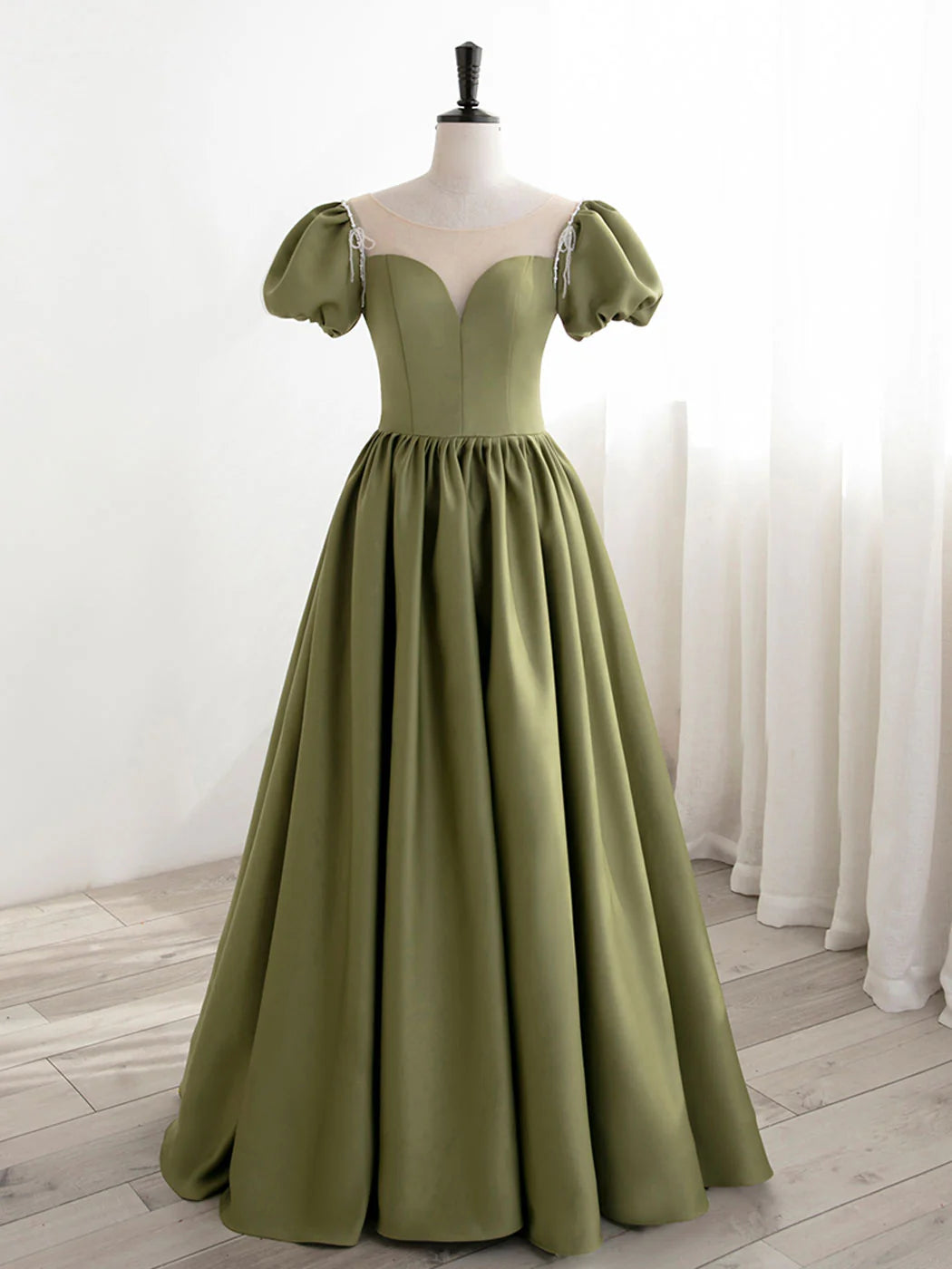 Puff Sleeves Satin Long Prom Dress Green Long Formal Dresses