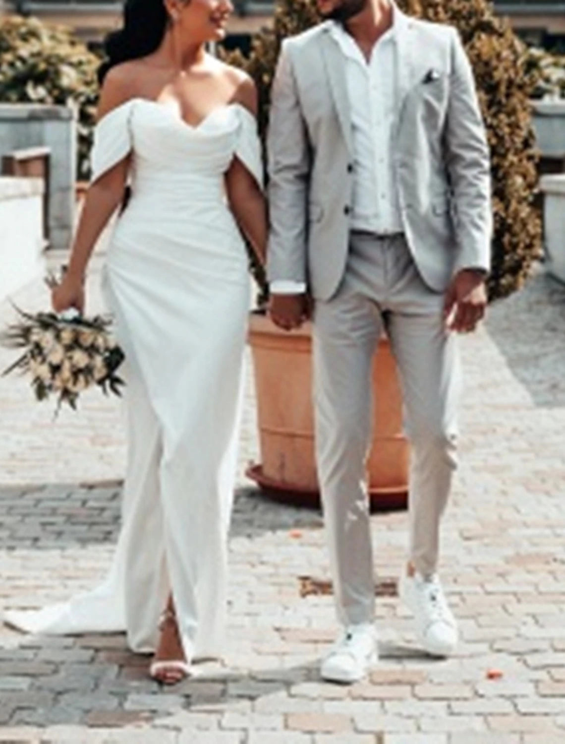 Hall Casual Wedding Dresses Sheath / Column Off Shoulder Cap Sleeve Court Train Satin Bridal Gowns With Ruched Split Front Summer Fall Wedding Party , Women's Clothing