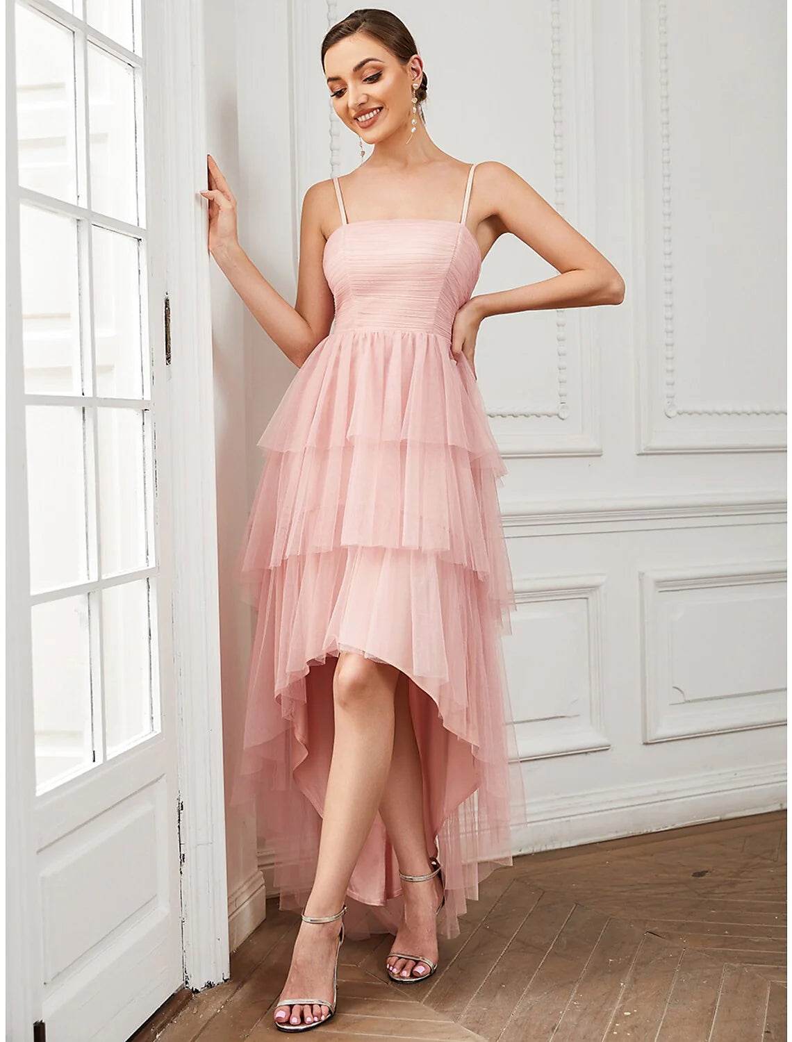 DingjiA-Line Party Dresses Vintage Dress Prom Knee Length Sleeveless Spaghetti Strap Tulle with Ruched