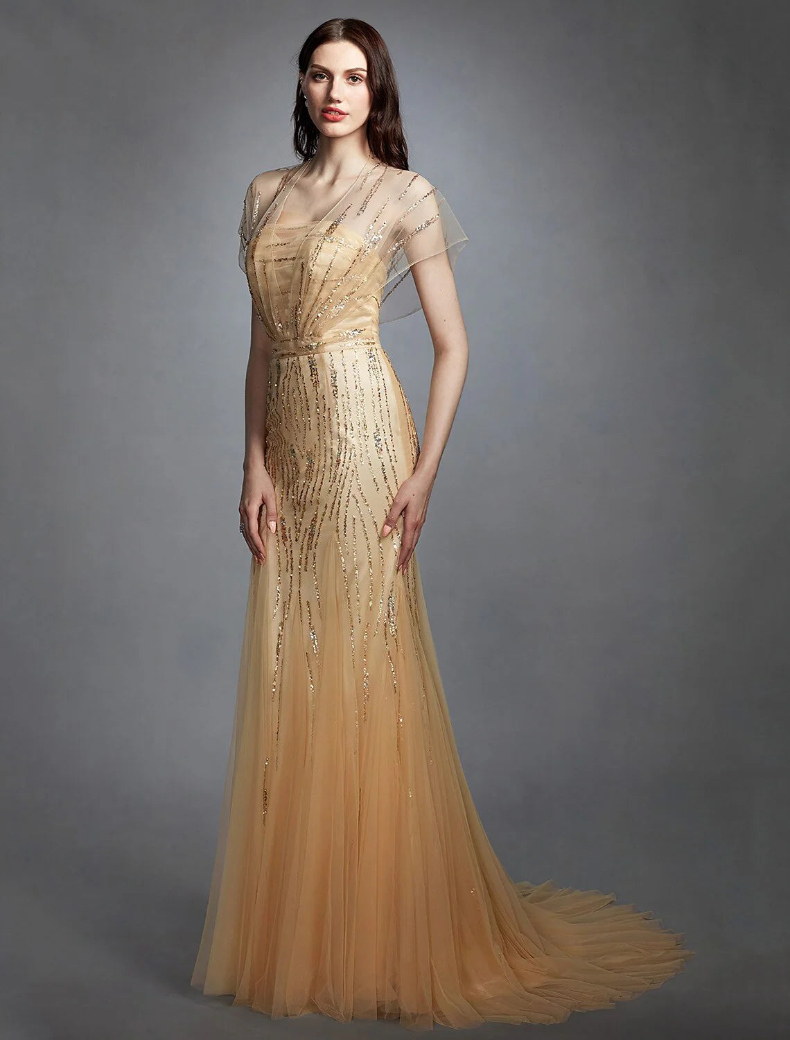 DingjiSheath / Column V Neck Sweep / Brush Train Tulle Made-To-Measure Wedding Dresses with Sequin