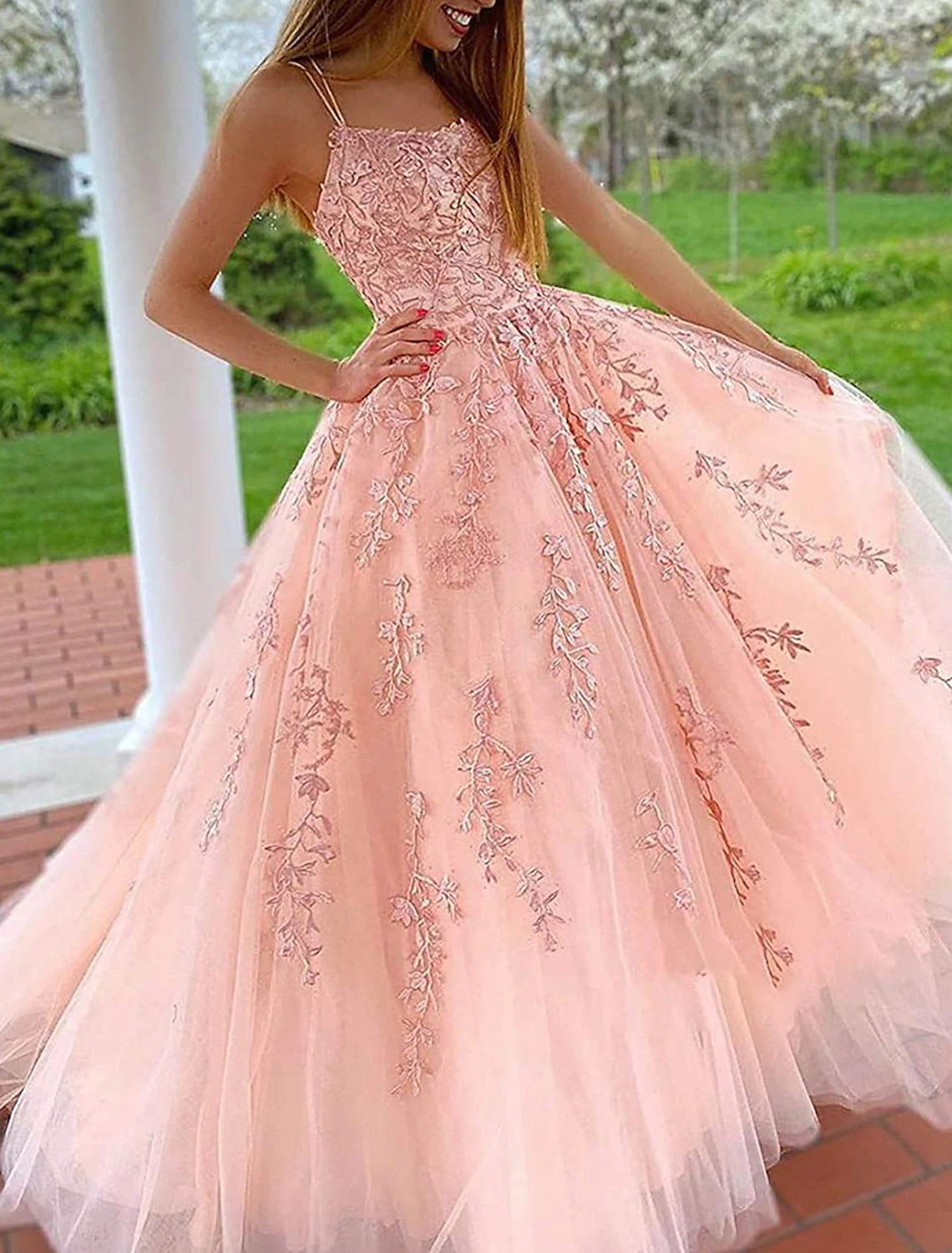 A-Line Prom Dresses Floral Dress Formal Chapel Train Sleeveless Spaghetti Strap Tulle with Appliques