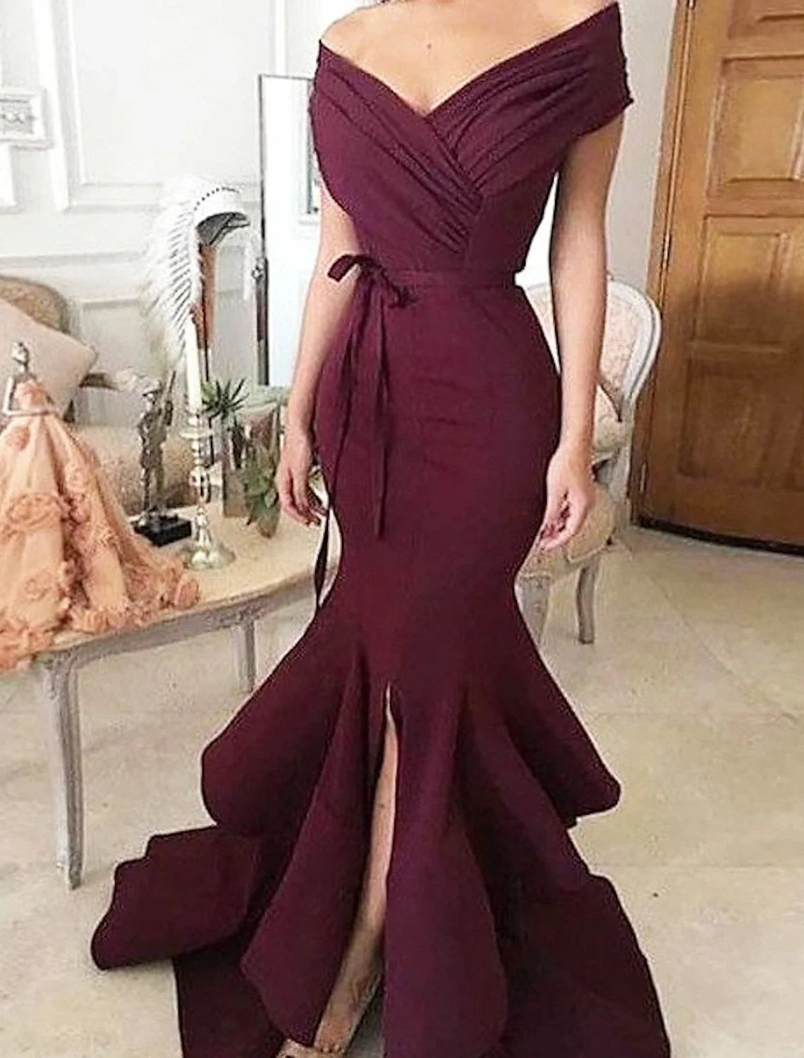 DingjiMermaid / Trumpet Minimalist Sexy Wedding Guest Formal Evening Valentine's Day Dress V Neck Sleeveless Sweep / Brush Train Charmeuse with Slit Tier
