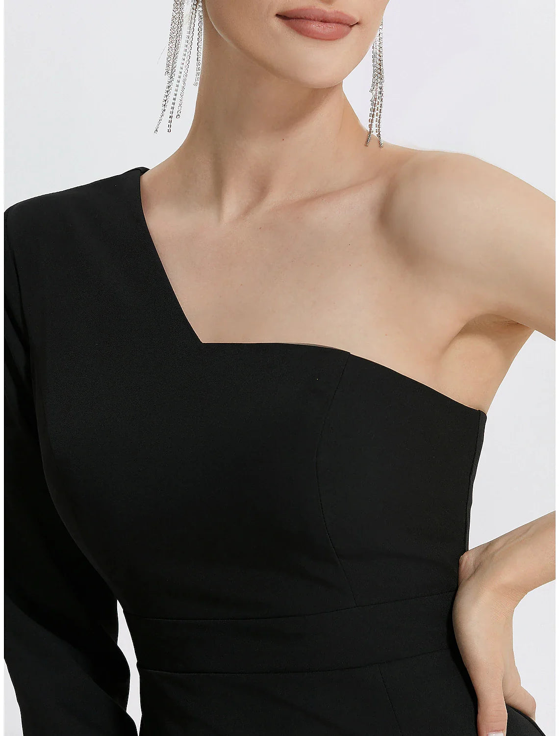 DingjiMermaid Evening Gown Elegant Black Dress Wedding Guest Prom Floor Length Long Sleeve One Shoulder Stretch Fabric with Slit