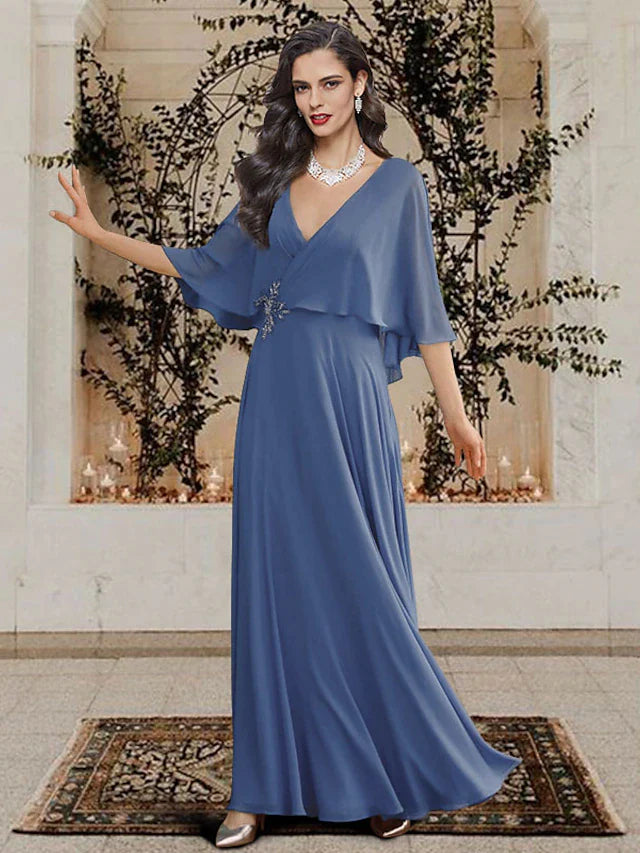 A-Line Mother of the Bride Dress Elegant V Neck Floor Length Chiffon Half Sleeve with Crystal Brooch