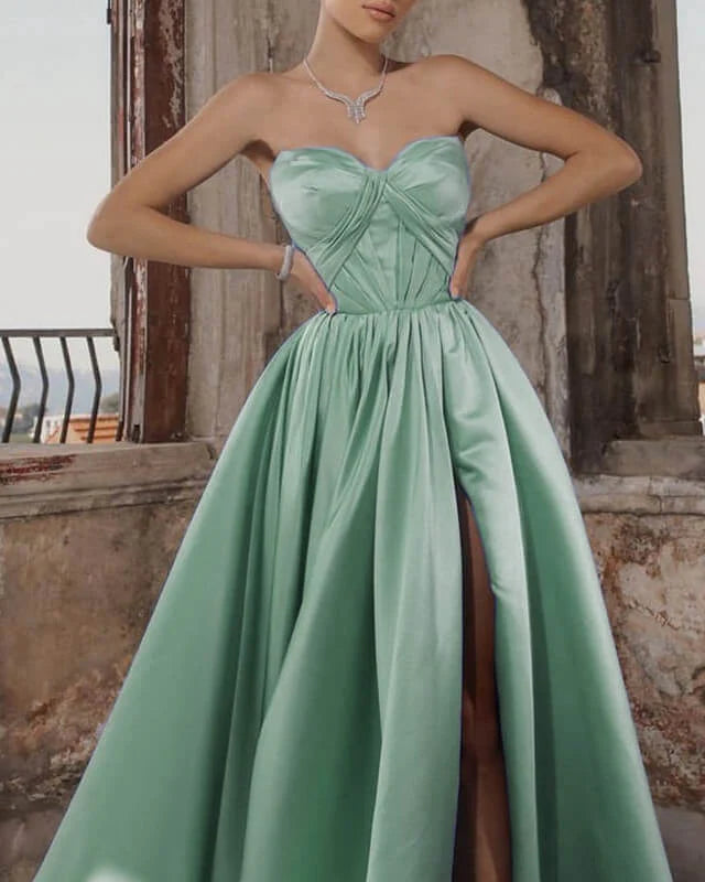 Long Sweetheart Split Satin Evening Dress