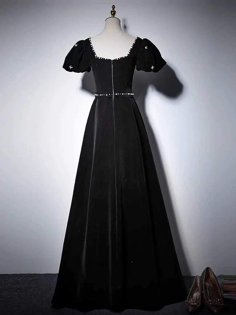 A-Line Velvet Black Long Prom Dress