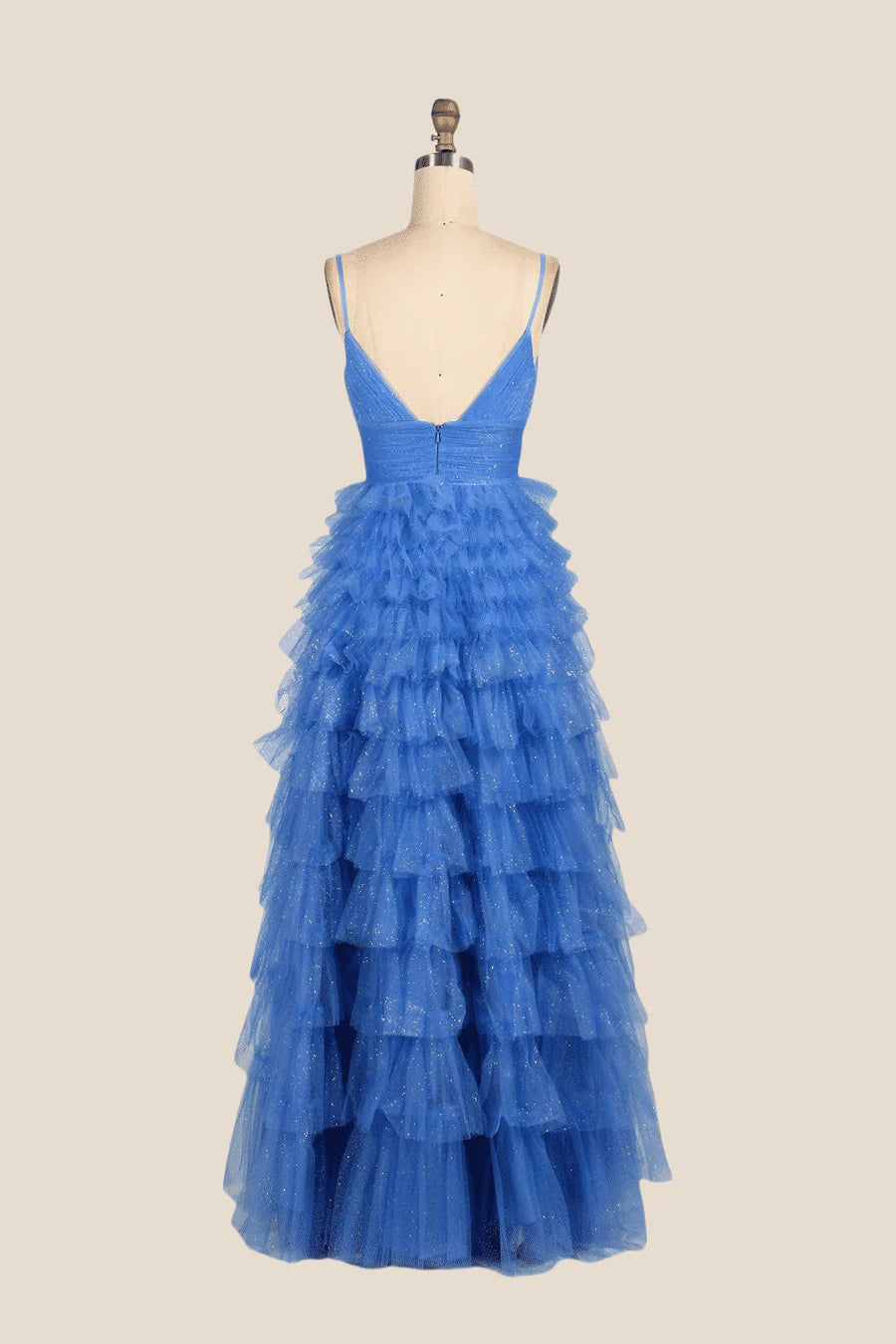 V-neck Blue Ruffles Tiered Long Prom Dress with Slit