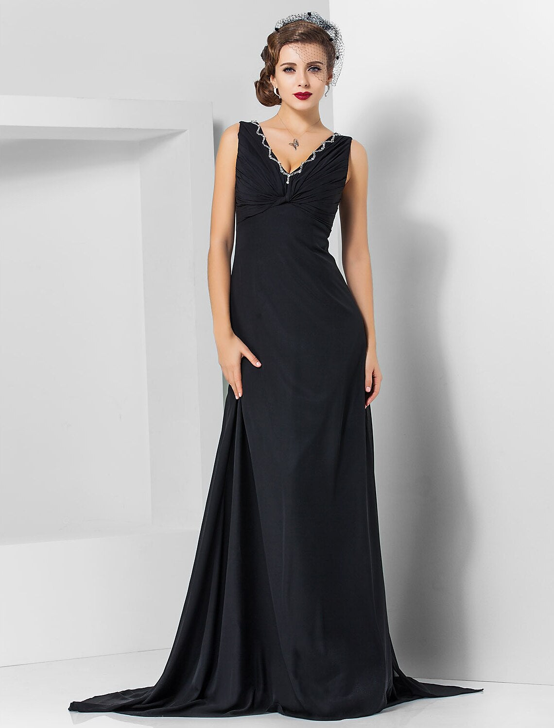 Sheath / Column Elegant Engagement Formal Evening Dress V Neck Sleeveless Sweep / Brush Train Chiffon with Crystals Draping