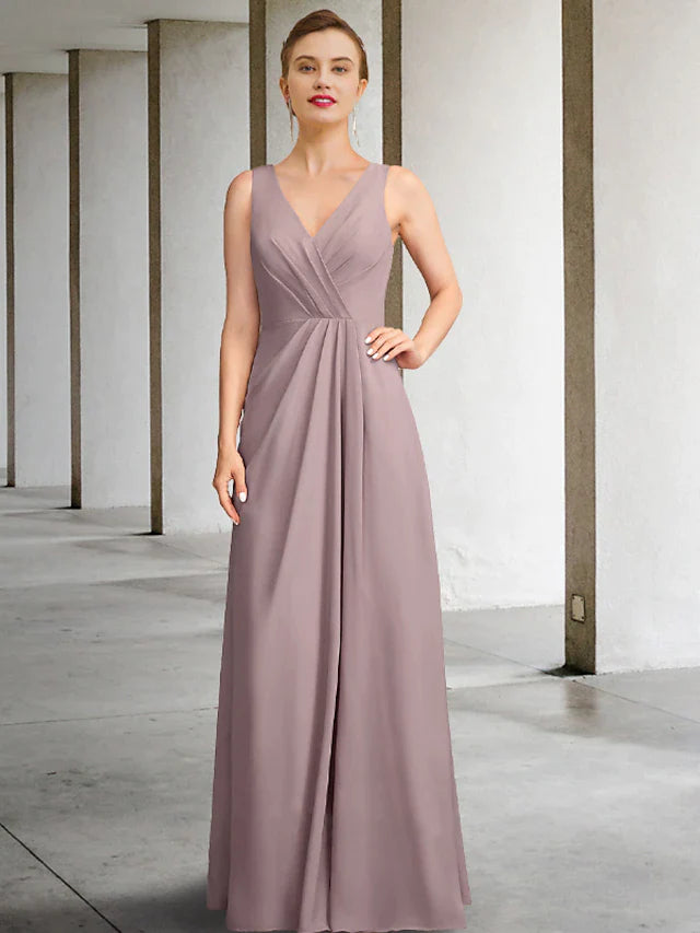 Two Piece Mother of the Bride Dress Plus Size Elegant V Neck Floor Length Chiffon Sleeveless Wrap Included Jacket Dresses with Pleats Ruffles