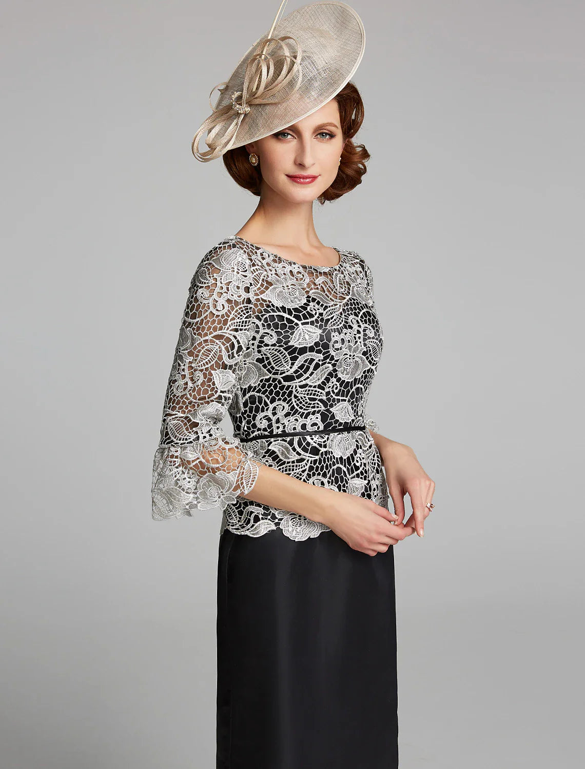 DingjiSheath / Column Mother of the Bride Dress Jewel Neck Floor Length Satin Lace 3/4 Length Sleeve with Lace