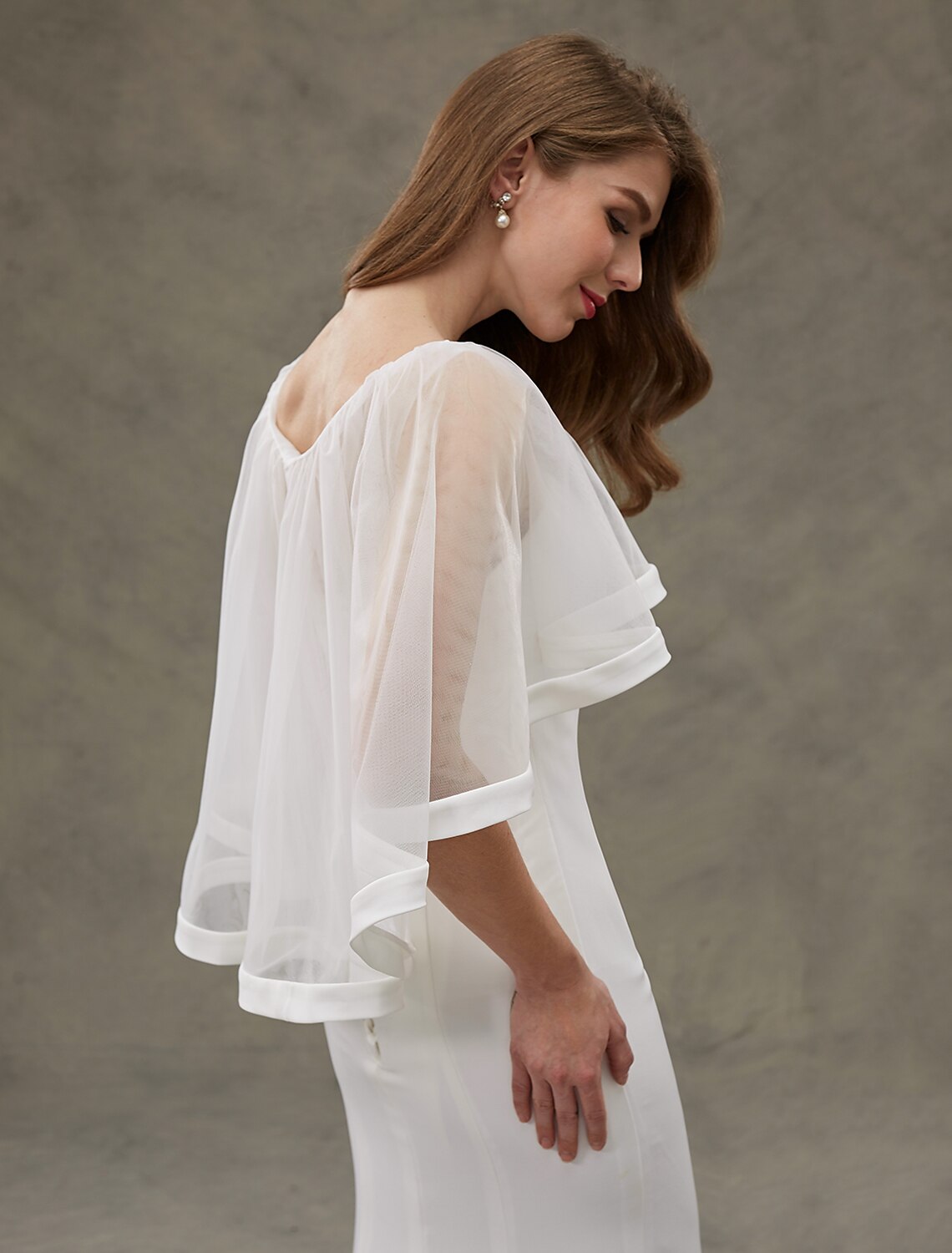 Beach Wedding Dresses Mermaid / Trumpet Scoop Neck Half Sleeve Sweep / Brush Train Chiffon Bridal Gowns With Tiered