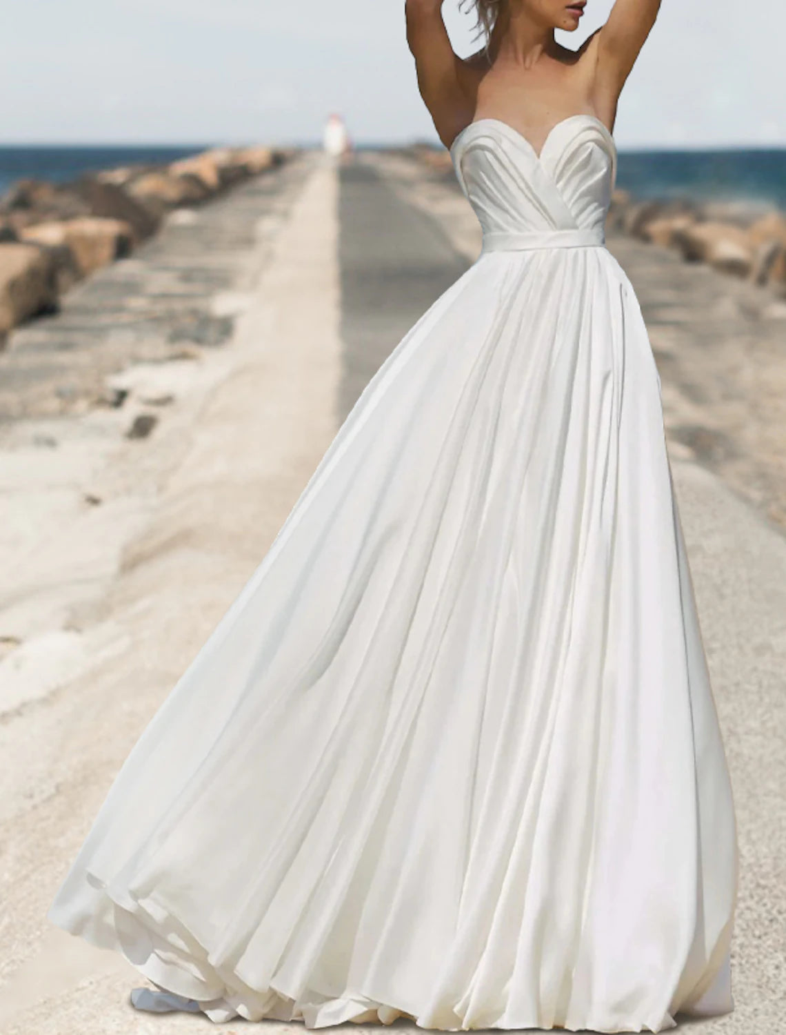 Beach Open Back Boho Wedding Dresses A-Line Sweetheart Strapless Sweep / Brush Train Chiffon Bridal Gowns With Solid Color