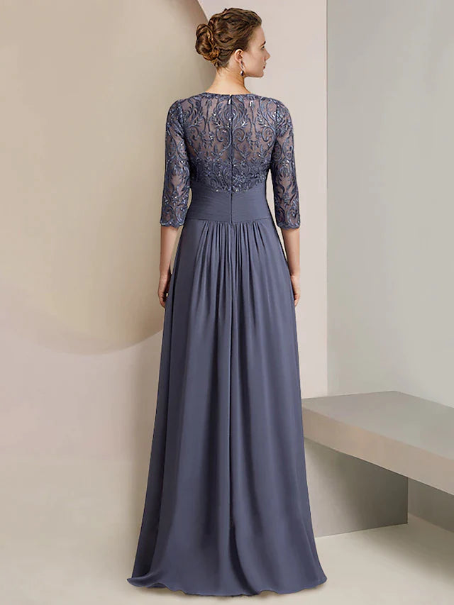 DingjiA-Line Mother of the Bride Dress Formal Elegant High Low Scoop Neck Asymmetrical Tea Length Chiffon Lace 3/4 Length Sleeve with Ruched Appliques