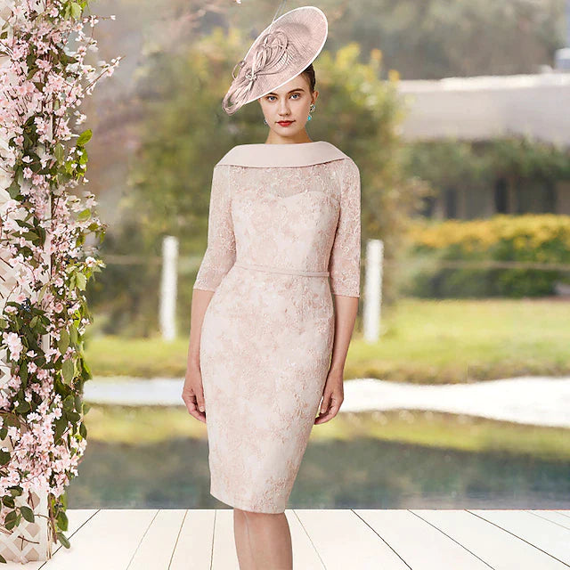 Sheath / Column Mother of the Bride Dress Elegant Jewel Neck Knee Length Lace Half Sleeve with Sash / Ribbon Appliques