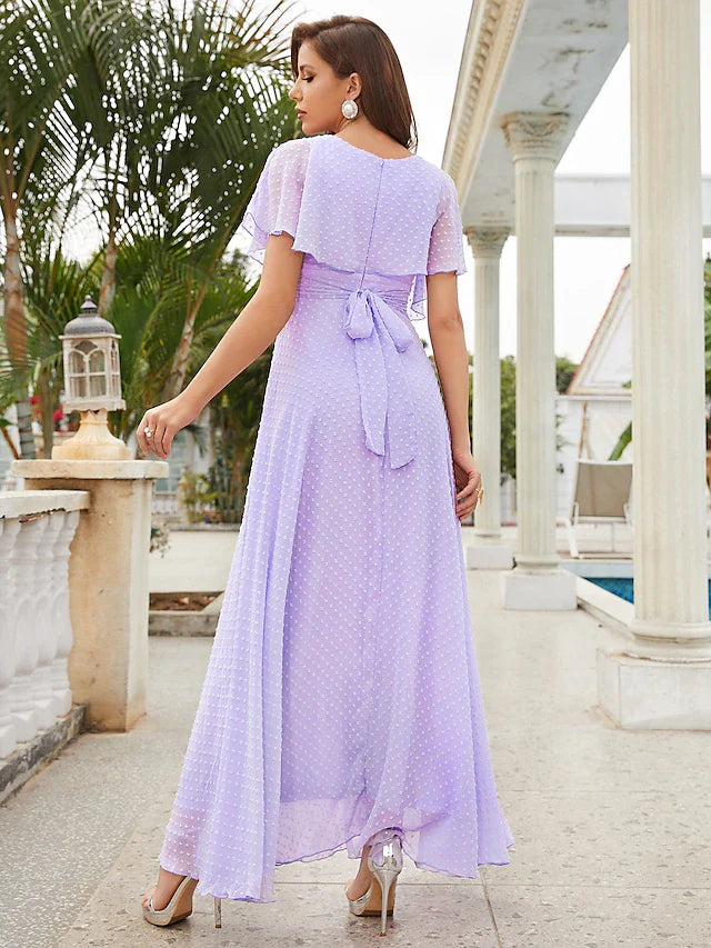 DingjiA-Line Wedding Guest Dresses Elegant Dress Party Wear Ankle Length Short Sleeve V Neck Chiffon with Ruffles Strappy