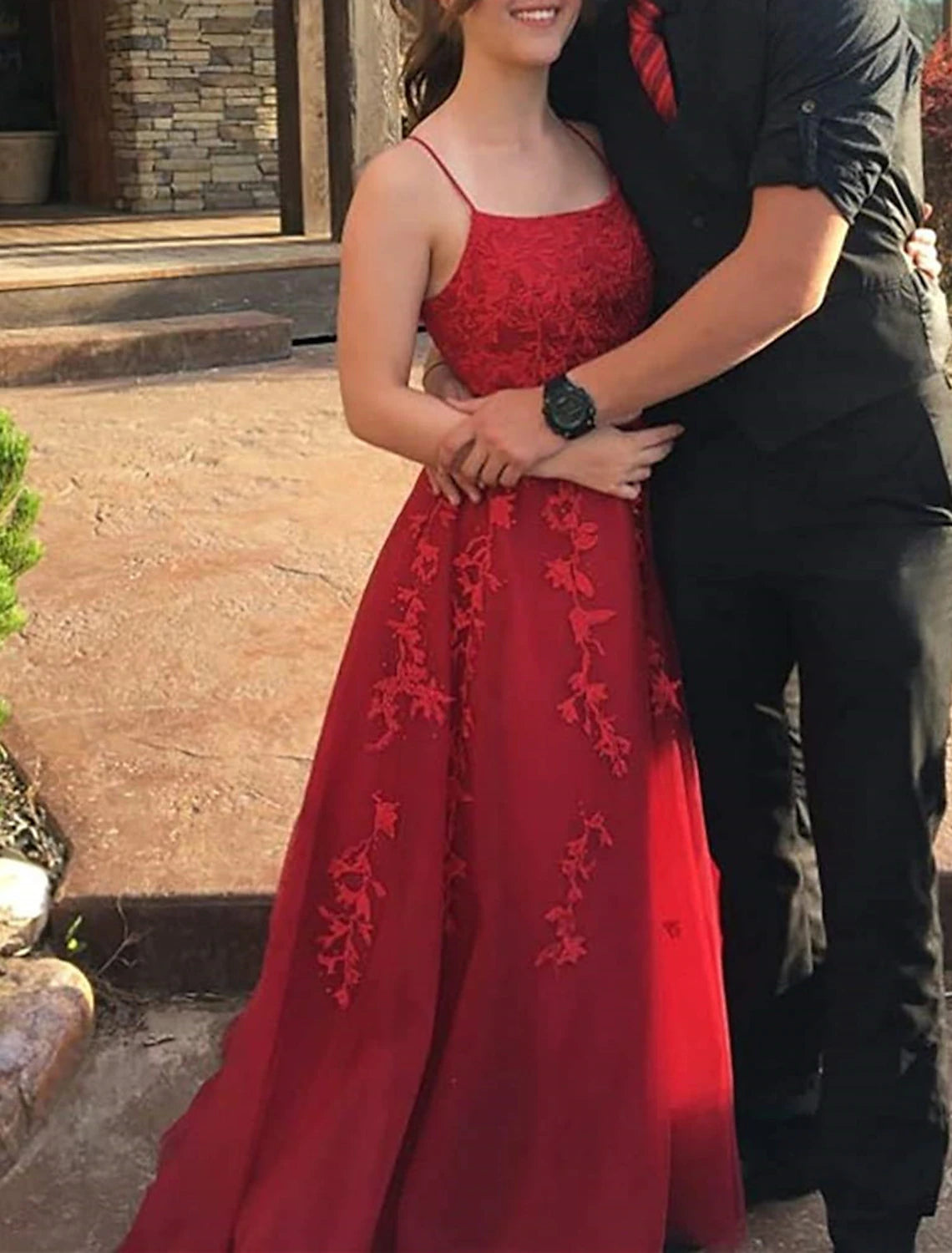 A-Line Prom Dresses Floral Dress Formal Chapel Train Sleeveless Spaghetti Strap Tulle with Appliques