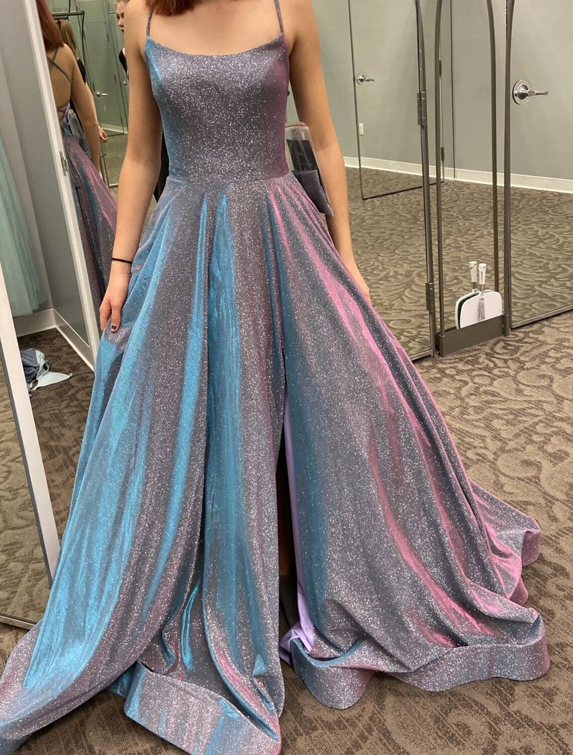 DingjiA-Line Prom Dresses Sparkle & Shine Dress Formal Floor Length Sleeveless Strapless Pocket Stretch Satin Backless with Slit Pocket