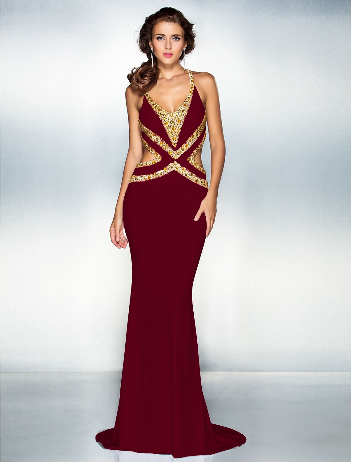 Mermaid / Trumpet Sparkle Dress Wedding Guest Engagement Sweep / Brush Train Sleeveless V Neck Jersey Crisscross Back with Crystals