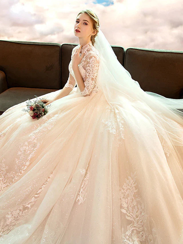 DingjiEngagement Sparkle & Shine Formal Wedding Dresses Cathedral Train Ball Gown Long Sleeve High Neck Lace With Sequin Appliques