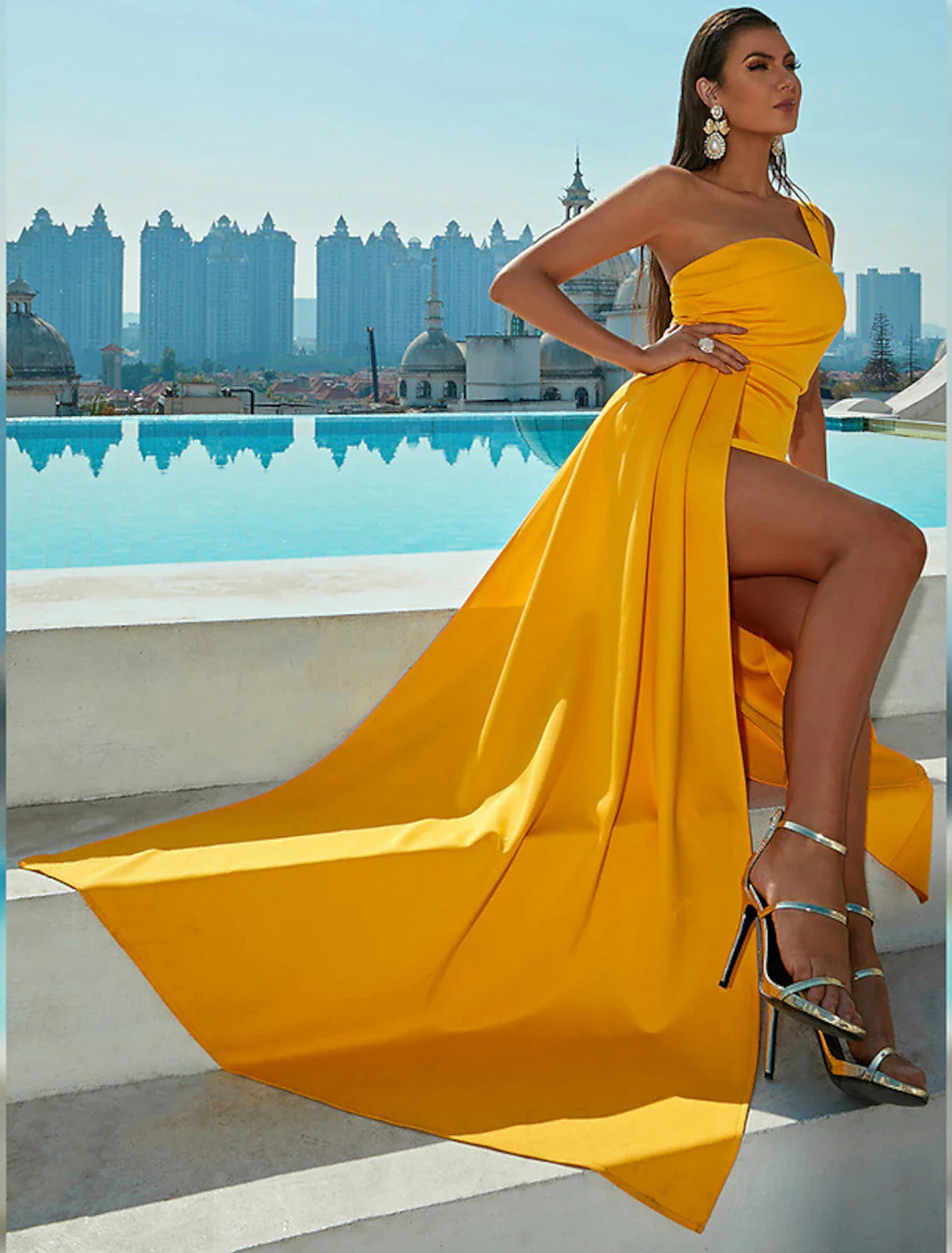 DingjiMermaid / Trumpet Evening Gown Sexy Dress Formal Wedding Guest Sweep / Brush Train Sleeveless One Shoulder Cotton with Ruched Slit