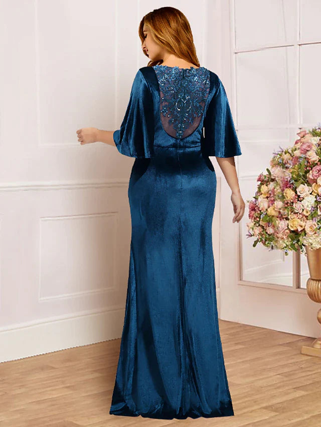 Plus Size Curve Mother of the Bride Dress Wedding Guest Vintage Elegant Scoop Neck Sweep / Brush Train Velvet Half Sleeve with Lace Pleats Beading